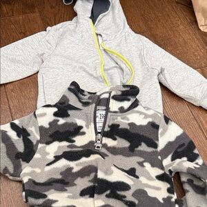 Gray with green zipper jacket with dinosaur hood and Camouflage Kids pull over